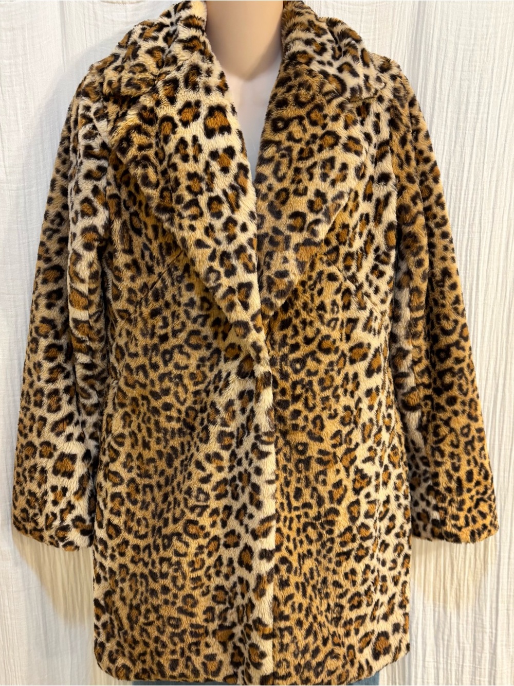 Aakaa Leopard Print Faux Fur Lined Mid-Length Overcoat Button Size M Brown